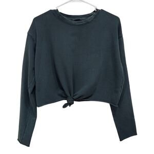 Aerie Sunset Terry Fleece Long Sleeve Sweatshirt Crop Raw Hem Dark Green Size XS